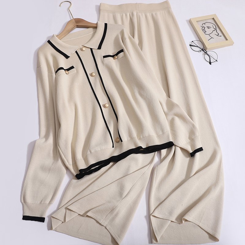 Wholesale 2024 Autumn New Style Single Breasted Temperament Knitted Sweater Loose Casual Wide Leg Pants Women's Set