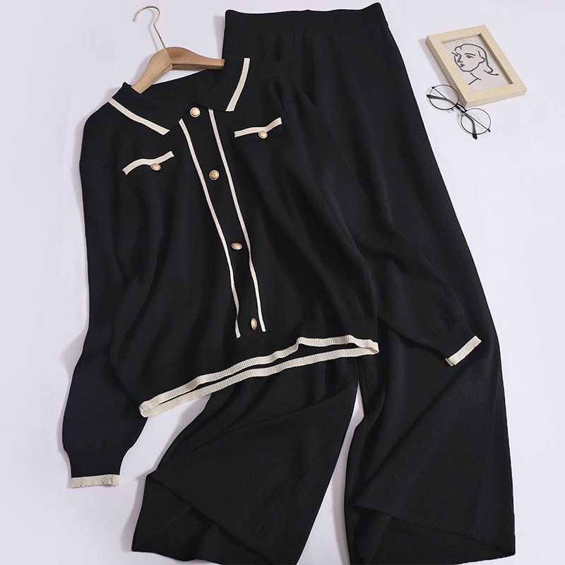 Wholesale 2024 Autumn New Style Single Breasted Temperament Knitted Sweater Loose Casual Wide Leg Pants Women's Set
