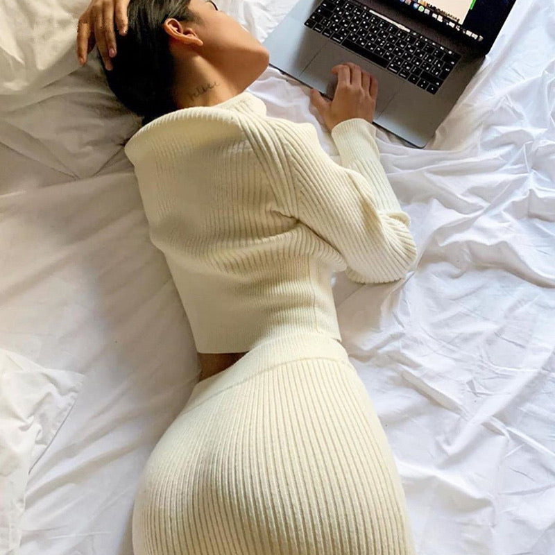 women's stretch sweaters suits Two Piece Knitted Skirt Warm Set Fit Knitted Sweaters women track sweat suit