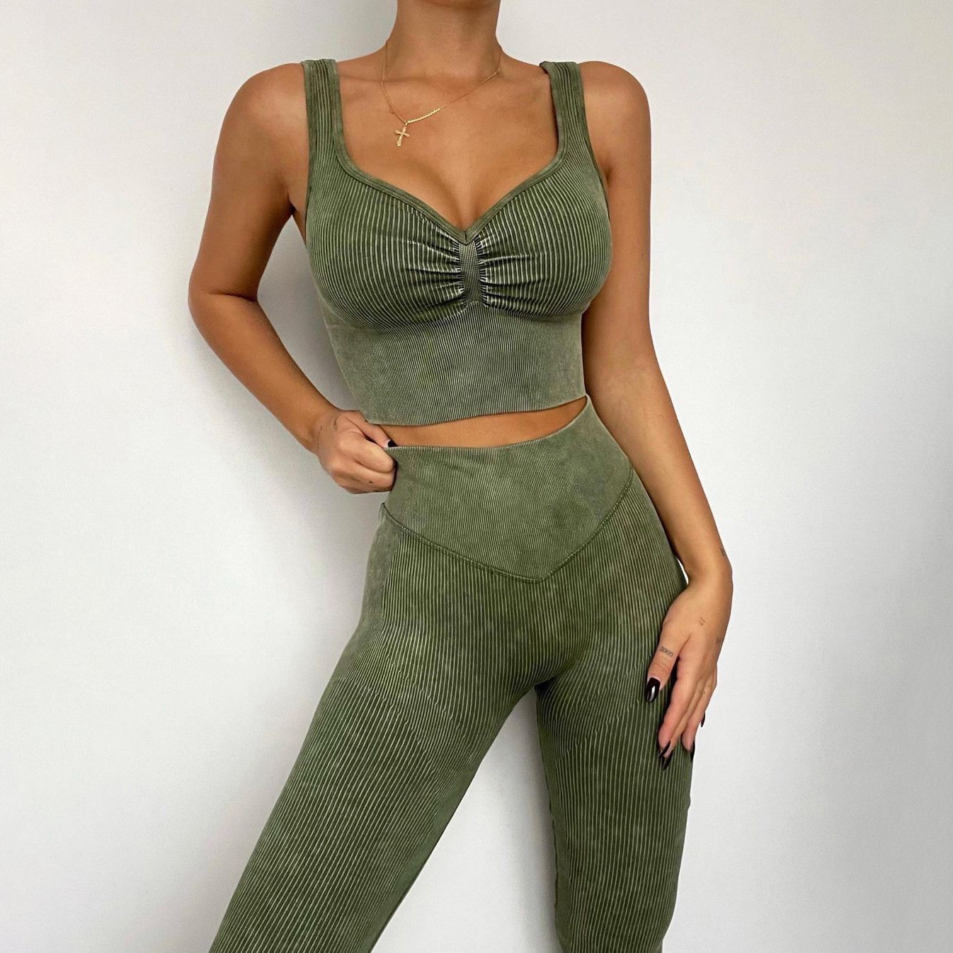 Women's 6 Piece Outfits Ribbed Exercise Sports Bra Tops High Waist Shorts Leggings Active Set Gym Fitness