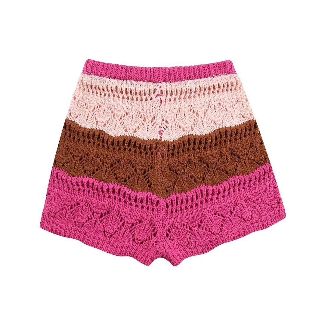 Fashion Casual Women Short Sleeve Color Blocking Striped Sweater Knit Top Shirt And Knit Shorts Ladies 2 Piece Set Women's Sets
