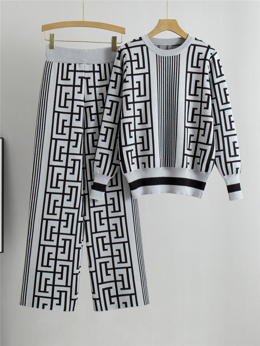 2024 Spring and Autumn New Slim Casual Knitted Set Women's Loose Sweater Wide Leg Pants Two Piece Set Trendy