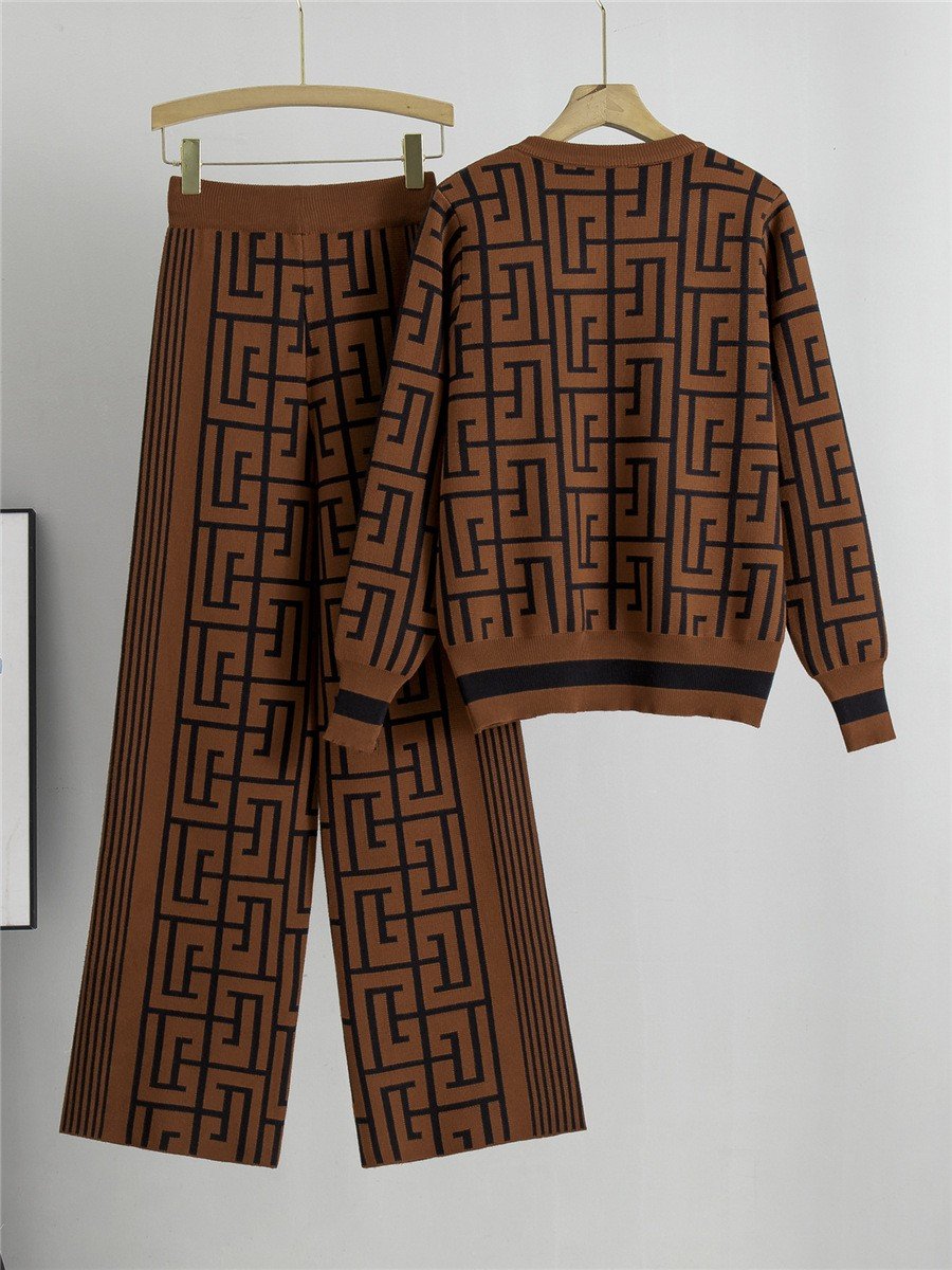 2024 Spring and Autumn New Slim Casual Knitted Set Women's Loose Sweater Wide Leg Pants Two Piece Set Trendy