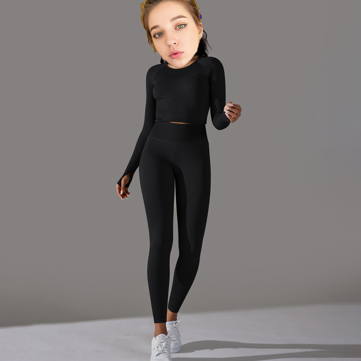 Wholesale Women Sports Gym Wear Workout Set Tights Crop Top 2 Pieces Seamless Long Sleeve Fitness Yoga Set