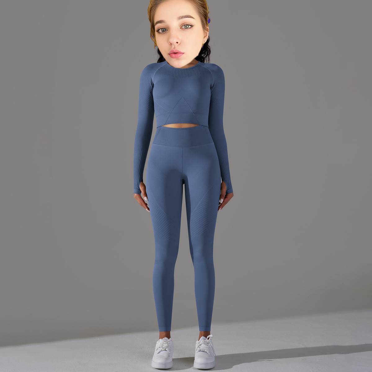 Wholesale Women Sports Gym Wear Workout Set Tights Crop Top 2 Pieces Seamless Long Sleeve Fitness Yoga Set
