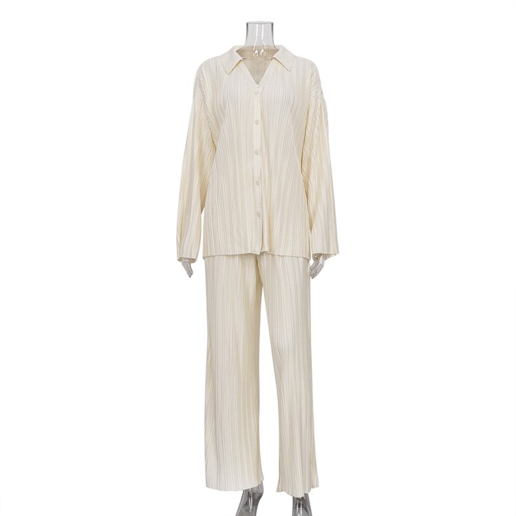 Office Wear Outfit Beige Loose Plisse Blouse And Wide Leg Palazzo Pants Ladies Clothes Autumn Two Piece Women's Clothing Set