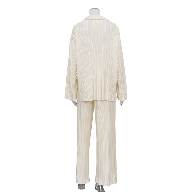 Office Wear Outfit Beige Loose Plisse Blouse And Wide Leg Palazzo Pants Ladies Clothes Autumn Two Piece Women's Clothing Set
