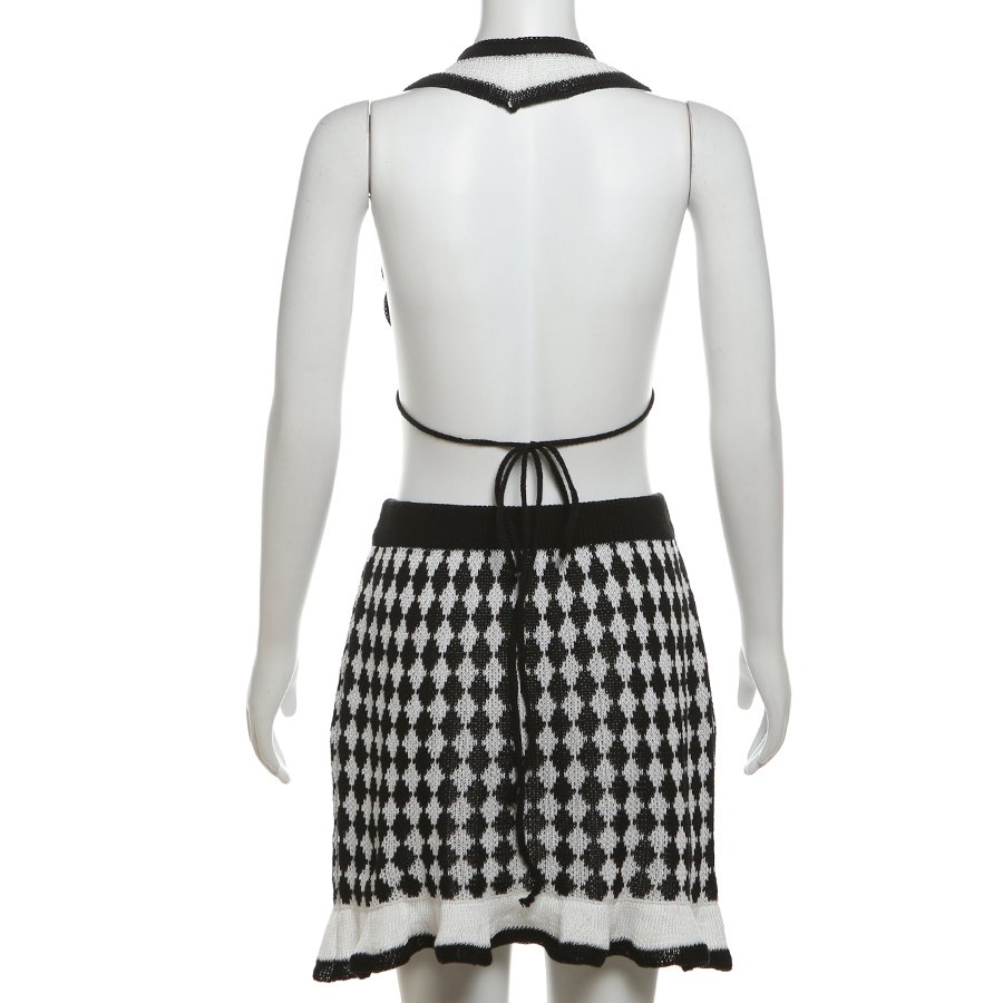 Kliou W24S52494 New Summer houndstooth 2 Piece Set Women Knitted Two Pieces Sets Sexy Knit Tops+ Skirt Women's Sets