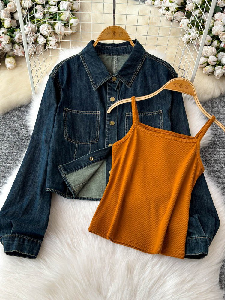 Boutique Wholesale 2024 Autumn New Fashion Retro Temperament Lapel Denim Shirt Camisole Vest Women's Set