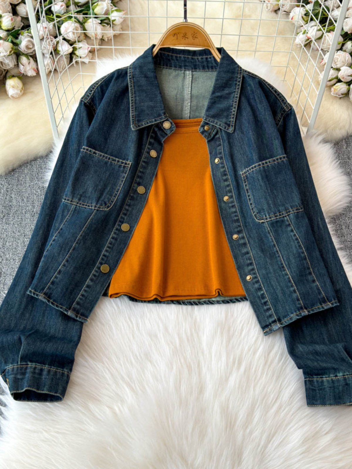 Boutique Wholesale 2024 Autumn New Fashion Retro Temperament Lapel Denim Shirt Camisole Vest Women's Set