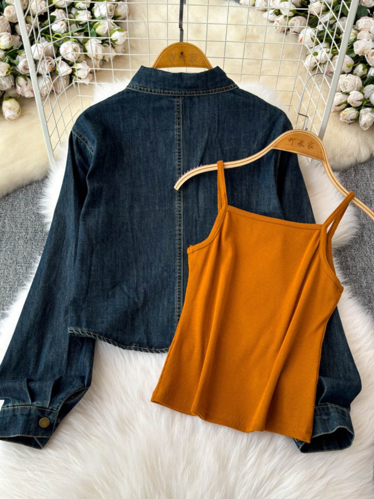 Boutique Wholesale 2024 Autumn New Fashion Retro Temperament Lapel Denim Shirt Camisole Vest Women's Set