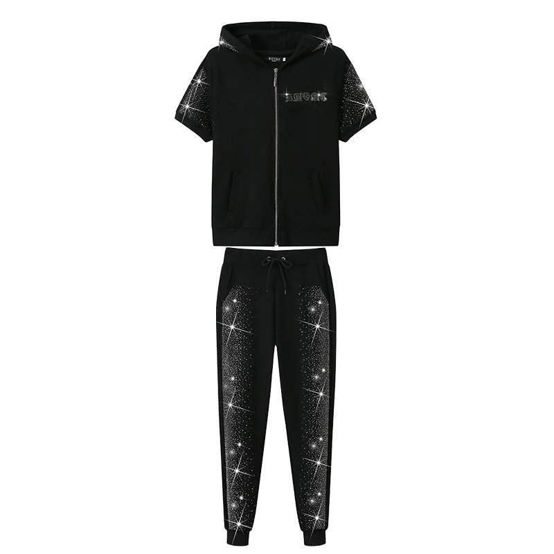 Custom OEM Summer 2 pieces short set Suit Bling Crystal Decorated Women'S Clothing Tracksuit Rhinestone Hoodie Set