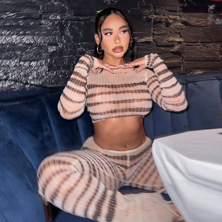Kliou K23S36281 Fall new 2 piece set women printed long sleeve crop tops+flare pants outfits mesh women's sets