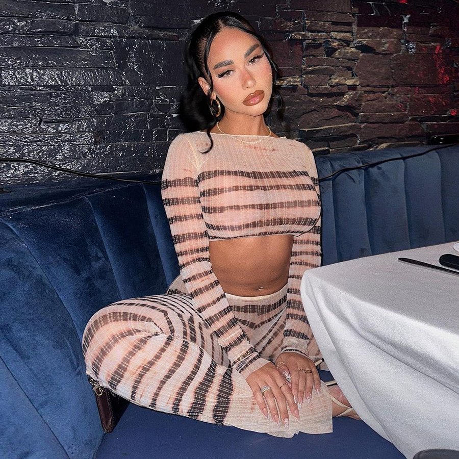 Kliou K23S36281 Fall new 2 piece set women printed long sleeve crop tops+flare pants outfits mesh women's sets