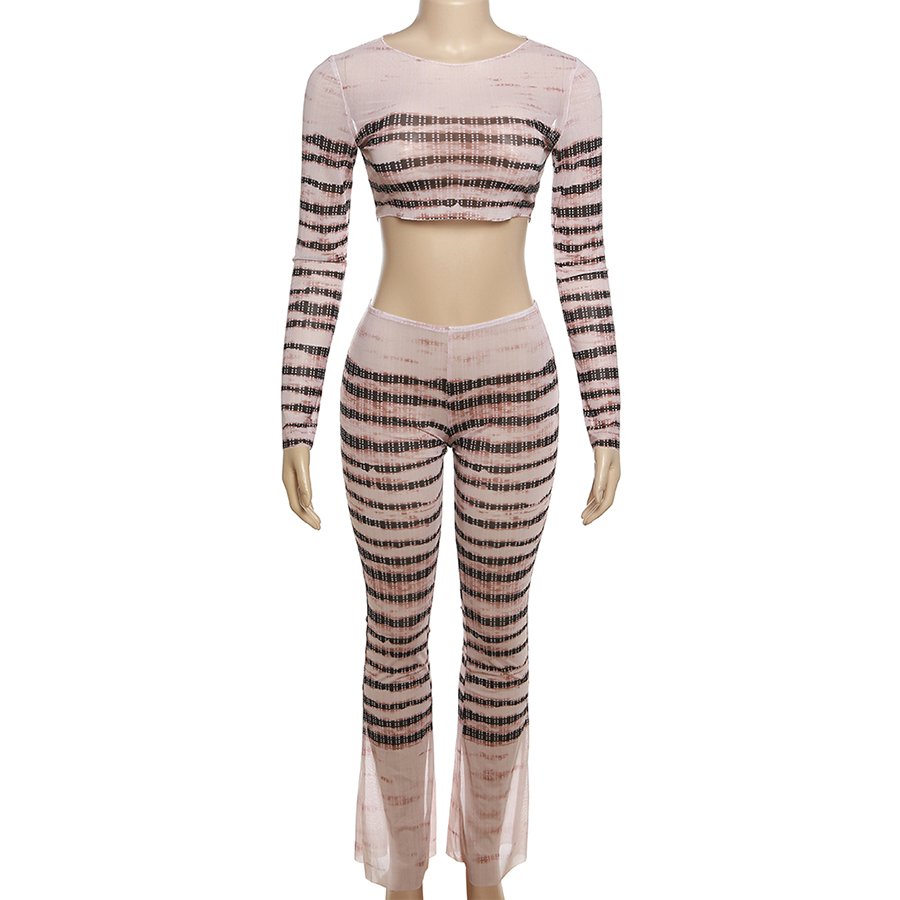 Kliou K23S36281 Fall new 2 piece set women printed long sleeve crop tops+flare pants outfits mesh women's sets