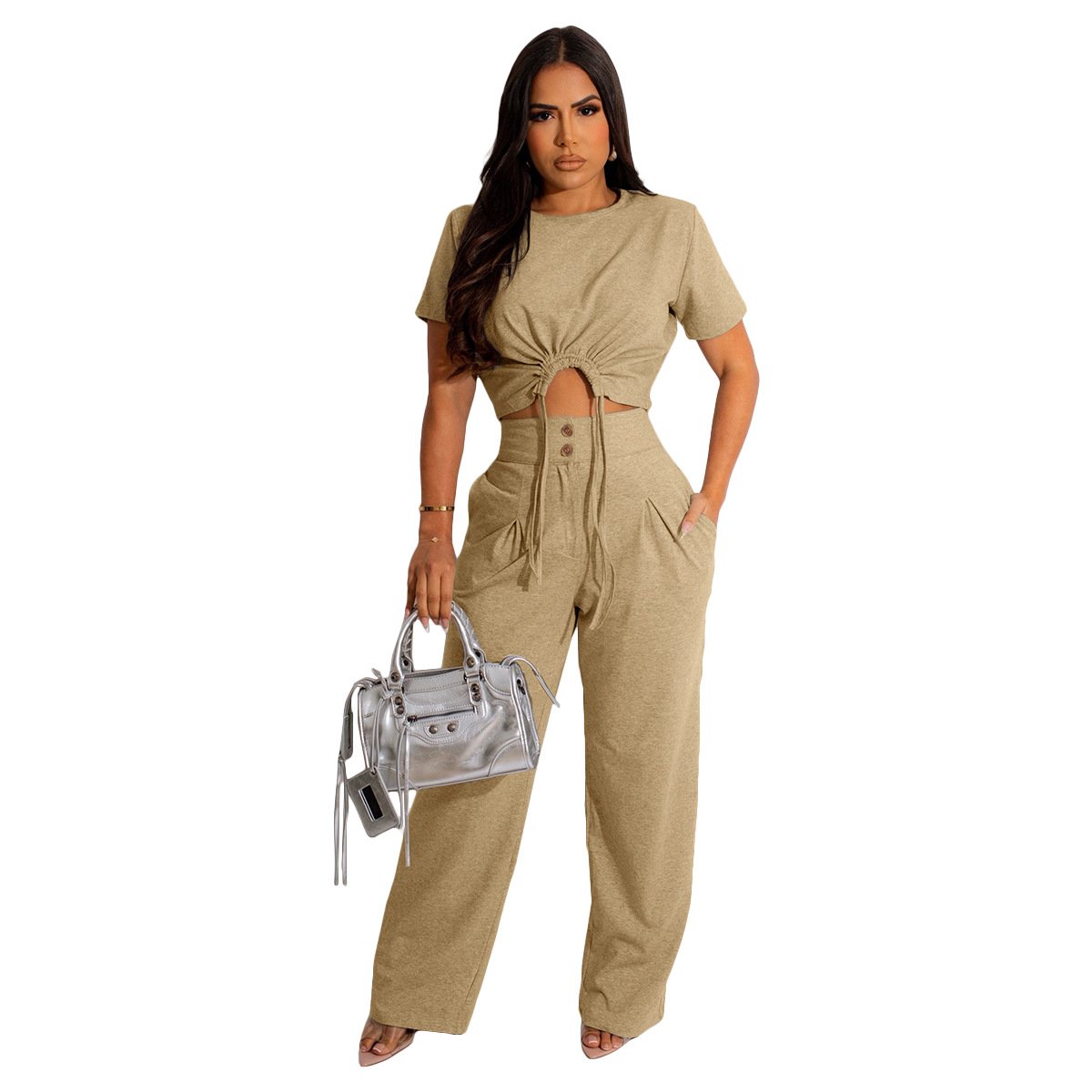 2 set women clothes trendy women's clothing match casual cotton short sleeve T shirt top wide leg pants two piece ladies set