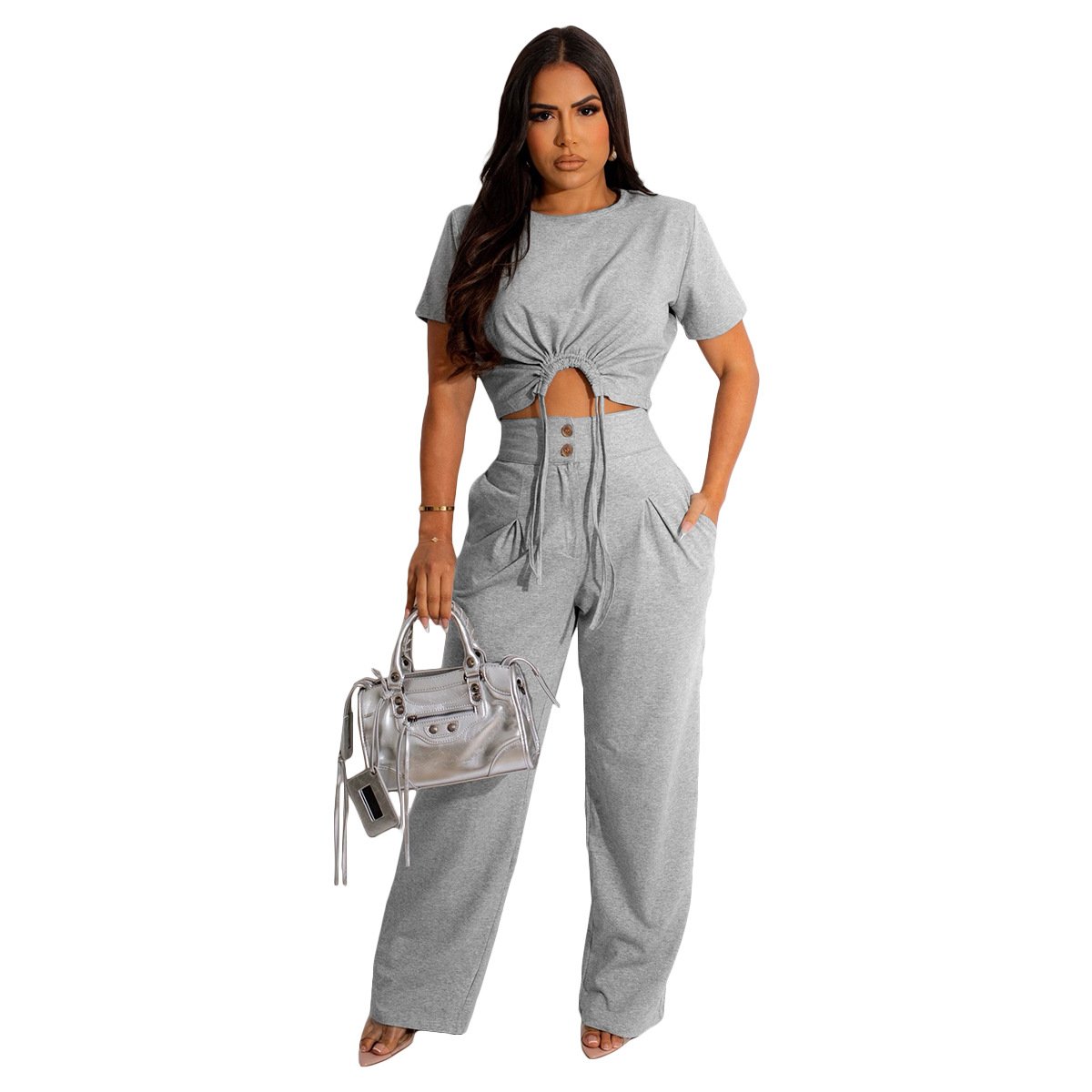 2 set women clothes trendy women's clothing match casual cotton short sleeve T shirt top wide leg pants two piece ladies set