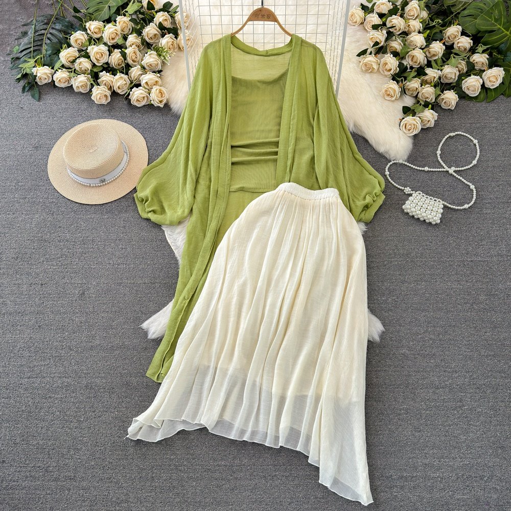 Spring New Sunscreen Cardigan Knitted Camisole Vest High Waist Slimming A-line Skirt Women's Set