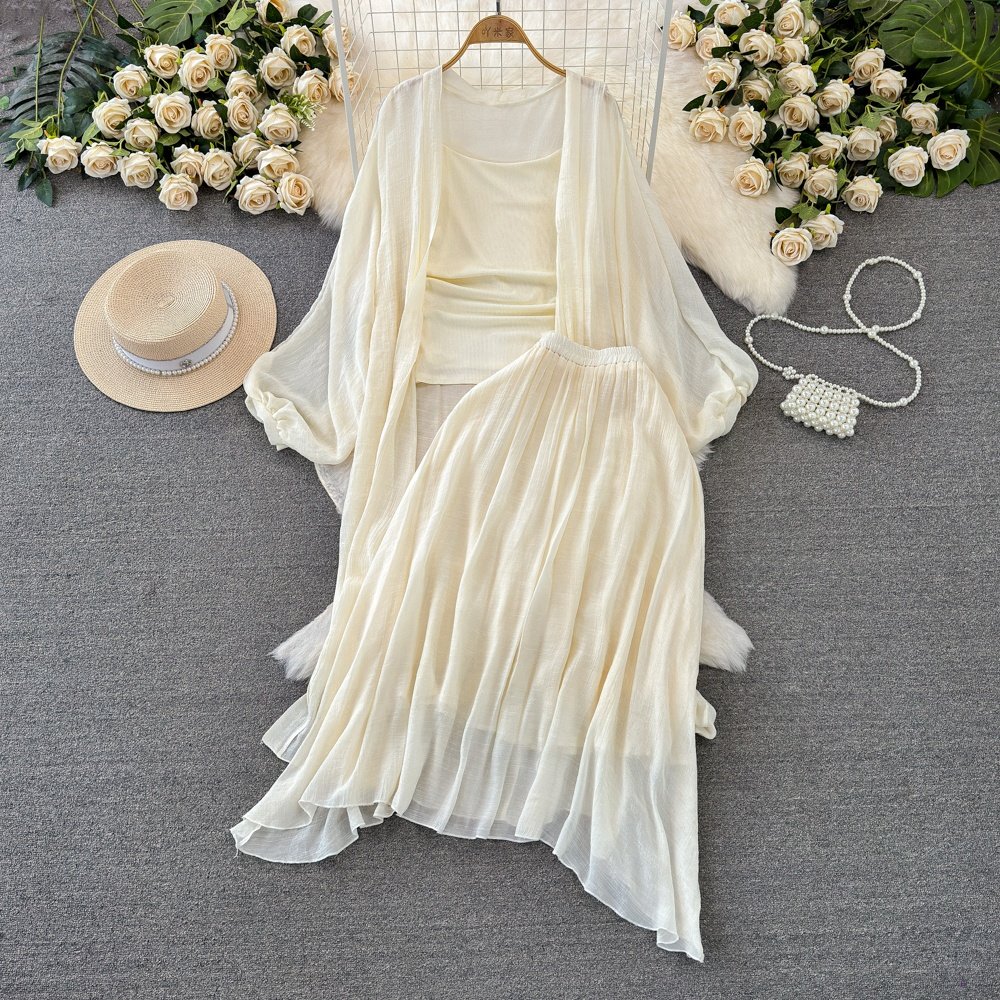 Spring New Sunscreen Cardigan Knitted Camisole Vest High Waist Slimming A-line Skirt Women's Set