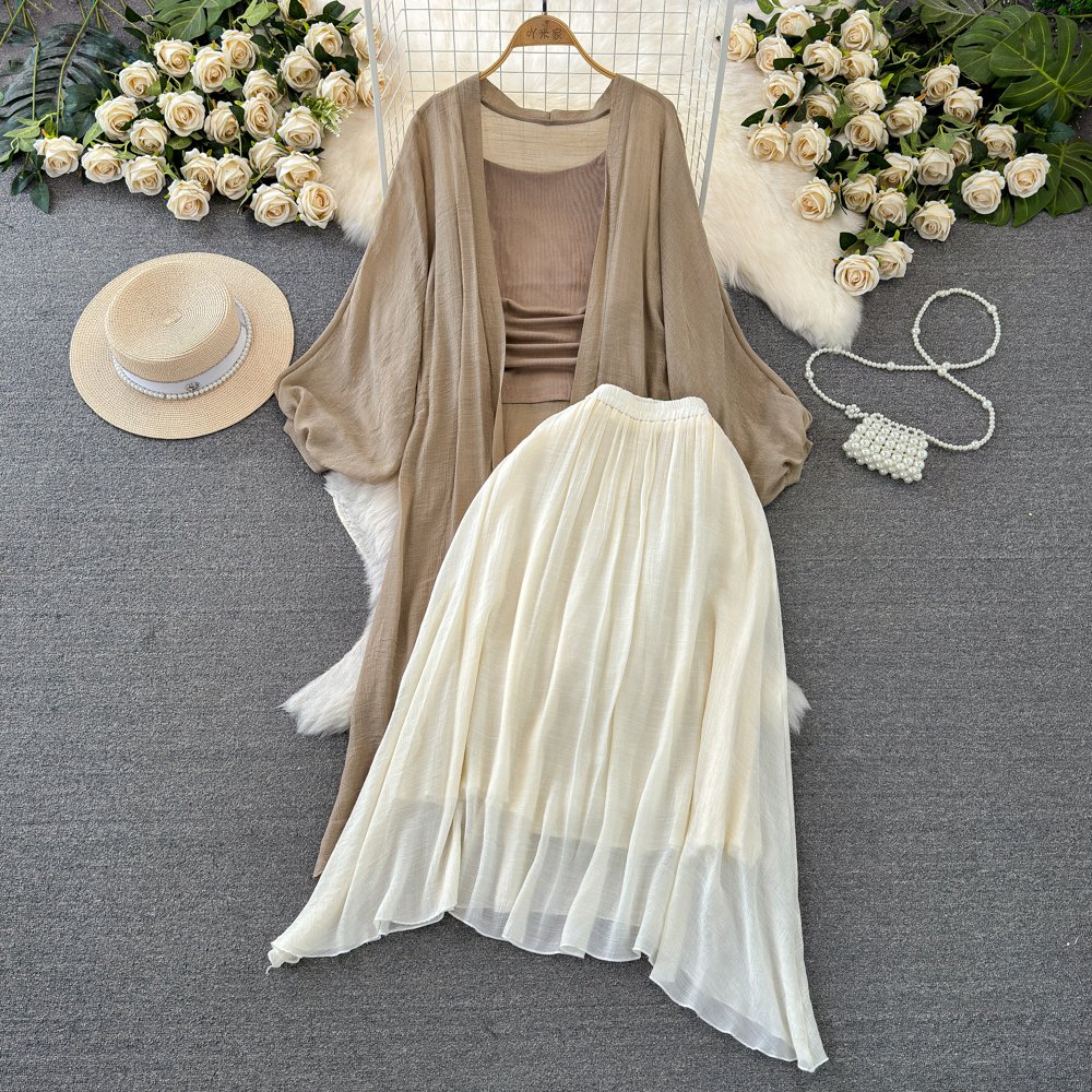 Spring New Sunscreen Cardigan Knitted Camisole Vest High Waist Slimming A-line Skirt Women's Set