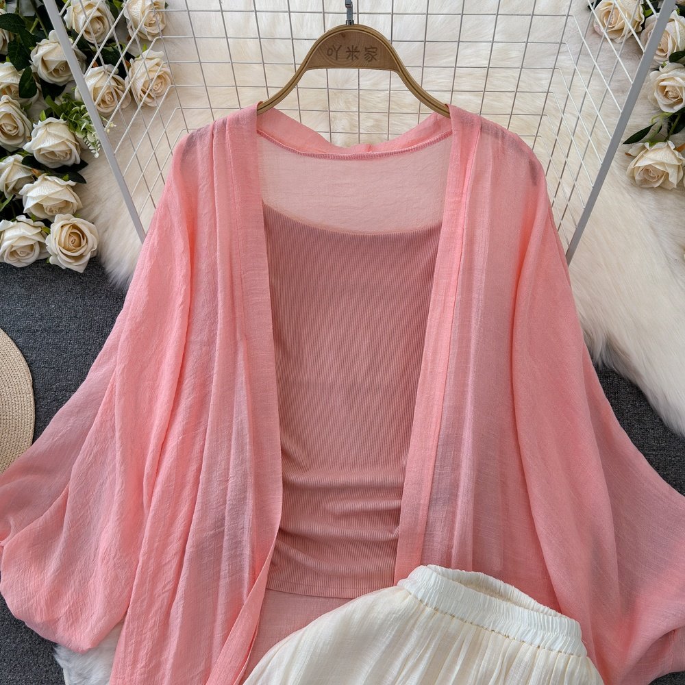 Spring New Sunscreen Cardigan Knitted Camisole Vest High Waist Slimming A-line Skirt Women's Set