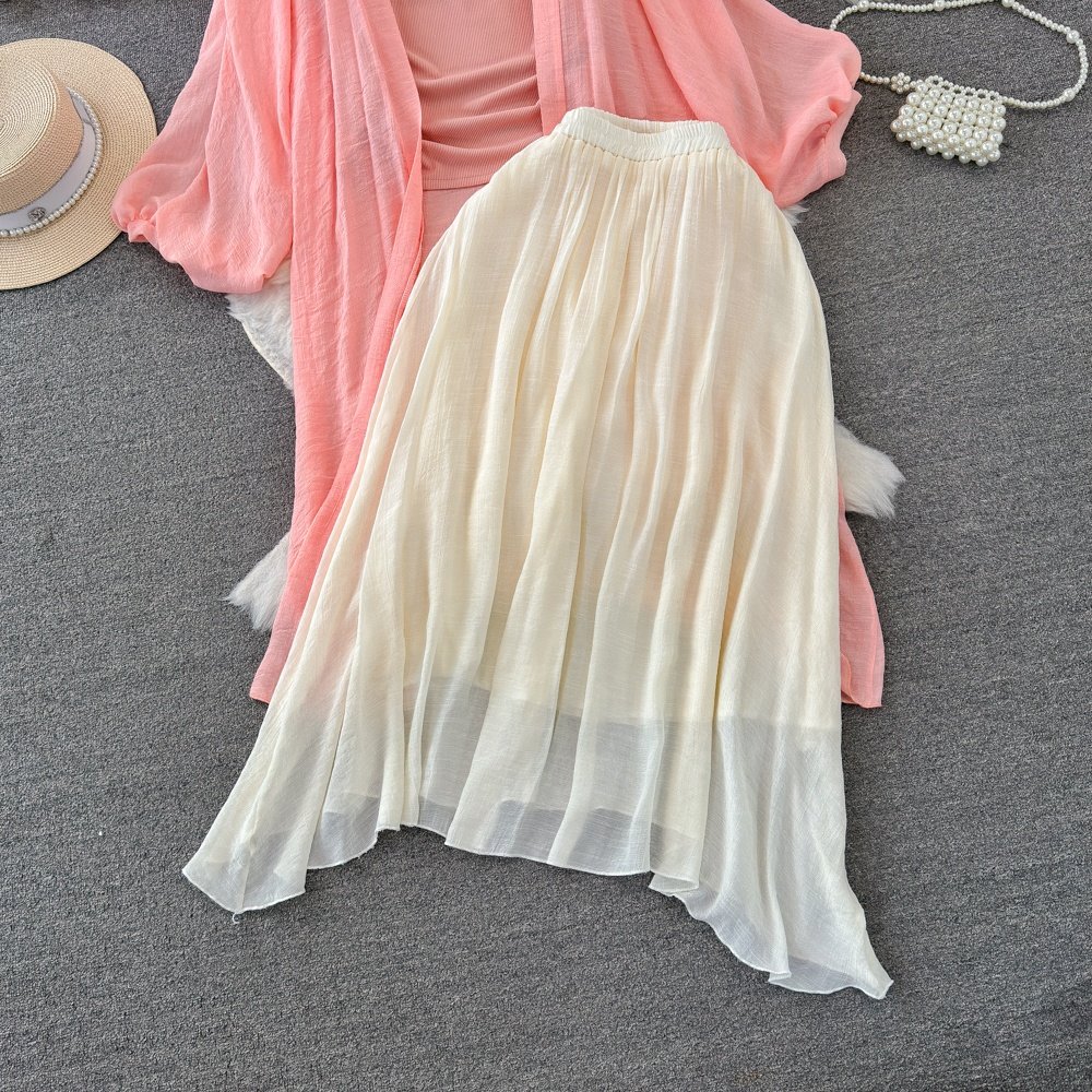 Spring New Sunscreen Cardigan Knitted Camisole Vest High Waist Slimming A-line Skirt Women's Set