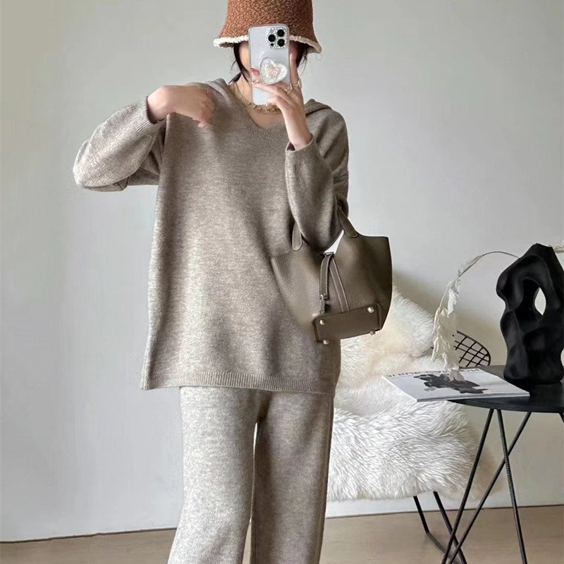 Custom Women's 2 Piece Outfits Sweatsuit Knit Long Sleeve Sweater Wide Leg Pants Loungewear set