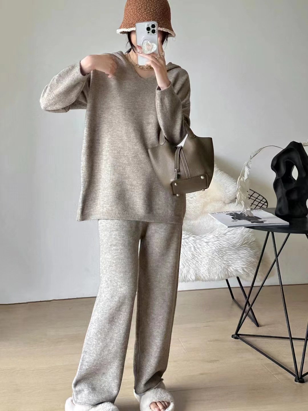 Custom Women's 2 Piece Outfits Sweatsuit Knit Long Sleeve Sweater Wide Leg Pants Loungewear set
