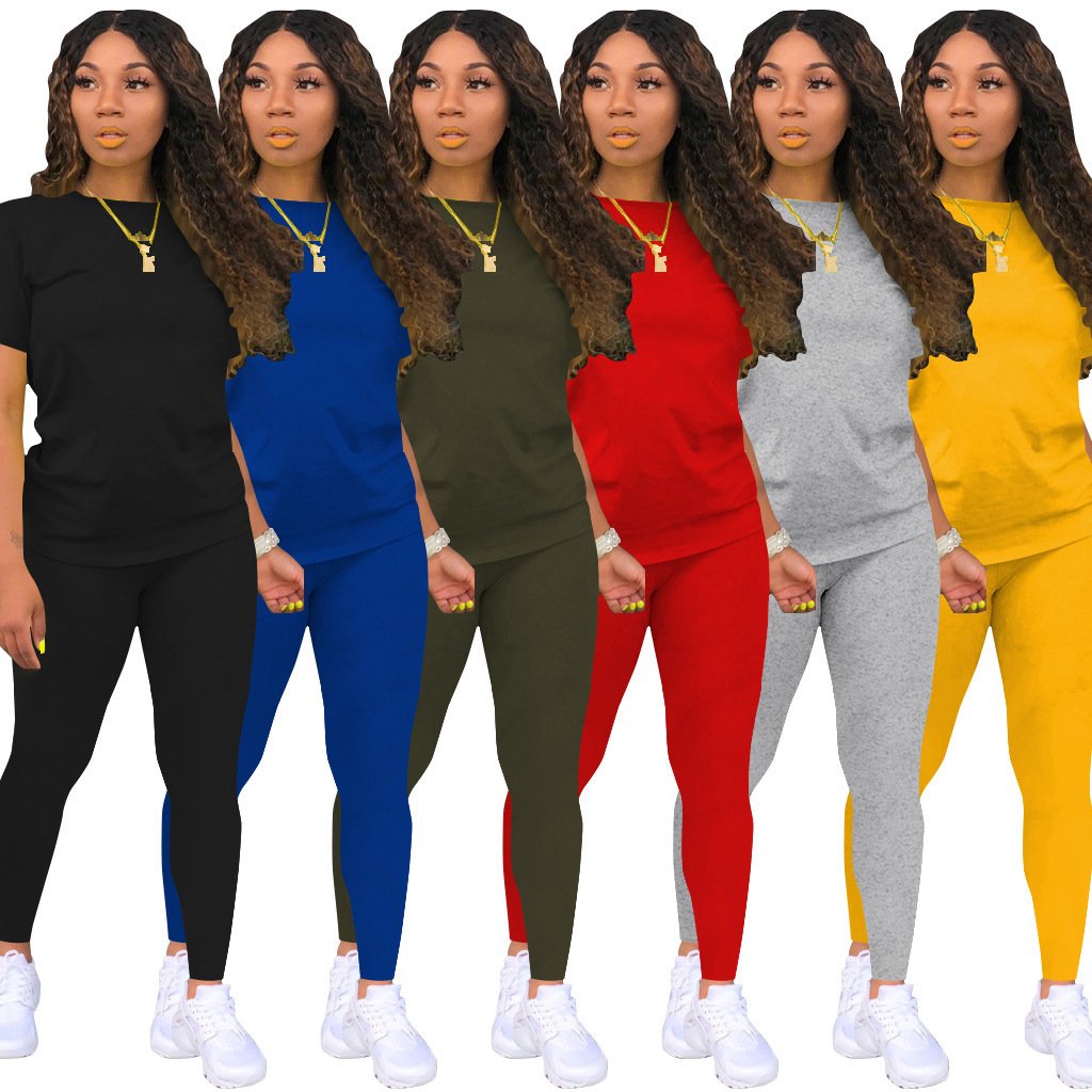 New Arrivals 2024 Custom Printing Logo Women Summer Clothing Chill Sets O-neck Solid Color T Shirt Two Piece biker shorts sets
