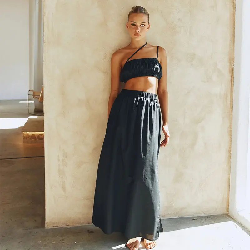 summer women clothing halter cropped top outfits designer loose midi skirt set 2 piece set women's sets