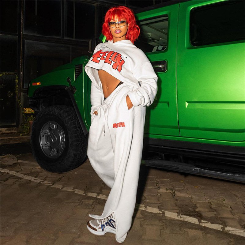 K23S35455 Autumn Loose Solid Fleece 2 Piece Set Women Casual Hooded Sweatshirt Jogging Sets Drawstring Panrts Women's Set