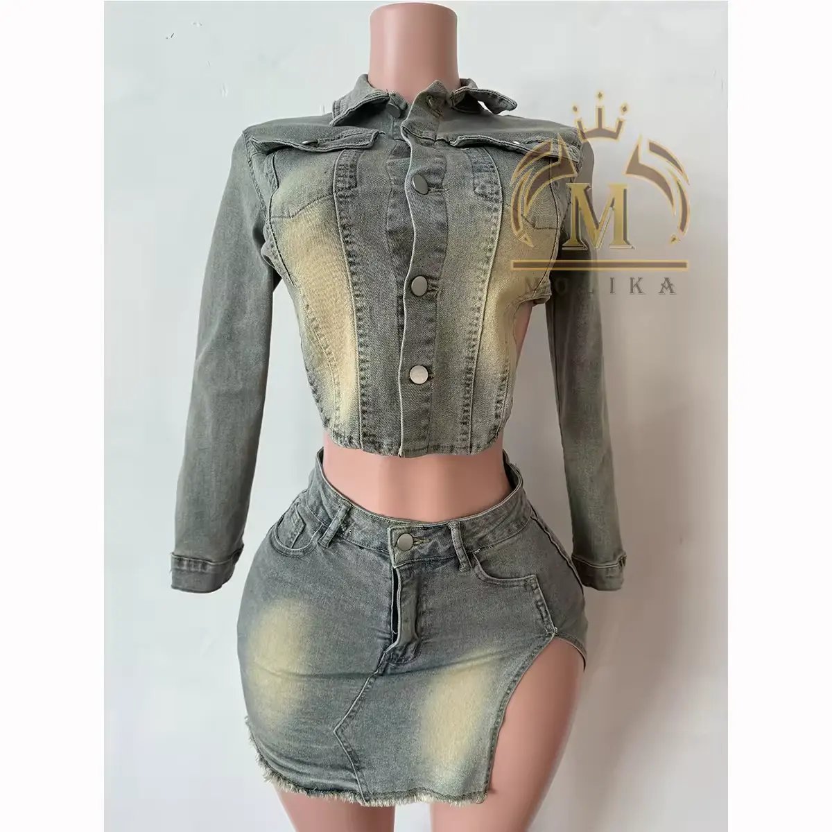 New Trendy Women's Denim Clothing Stretch Crop Jacket Top Fit Skirt Sets Casual Y2KTwo Piece Crop Denim Jacket Sets Women Ladies