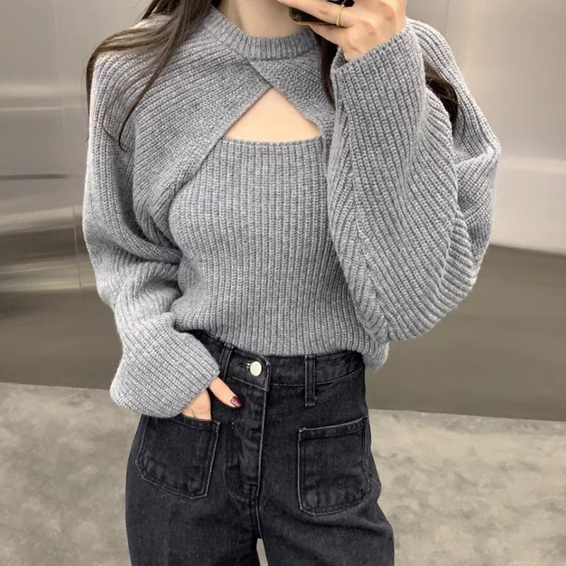 Boutique Wholesale 2024 Autumn French Long Sleeved Shawl Sweater Versatile Knitted Strap Women's Set