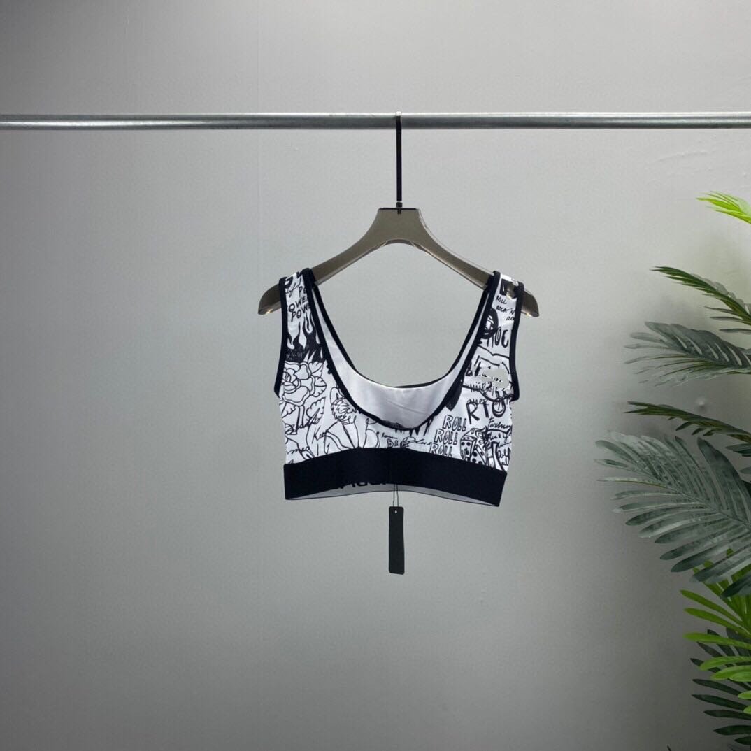 Summer New Women's Yoga Sports Suit Graffiti Letter Print Sports Vest (with a bra pad)+Elastic Slim Leggings