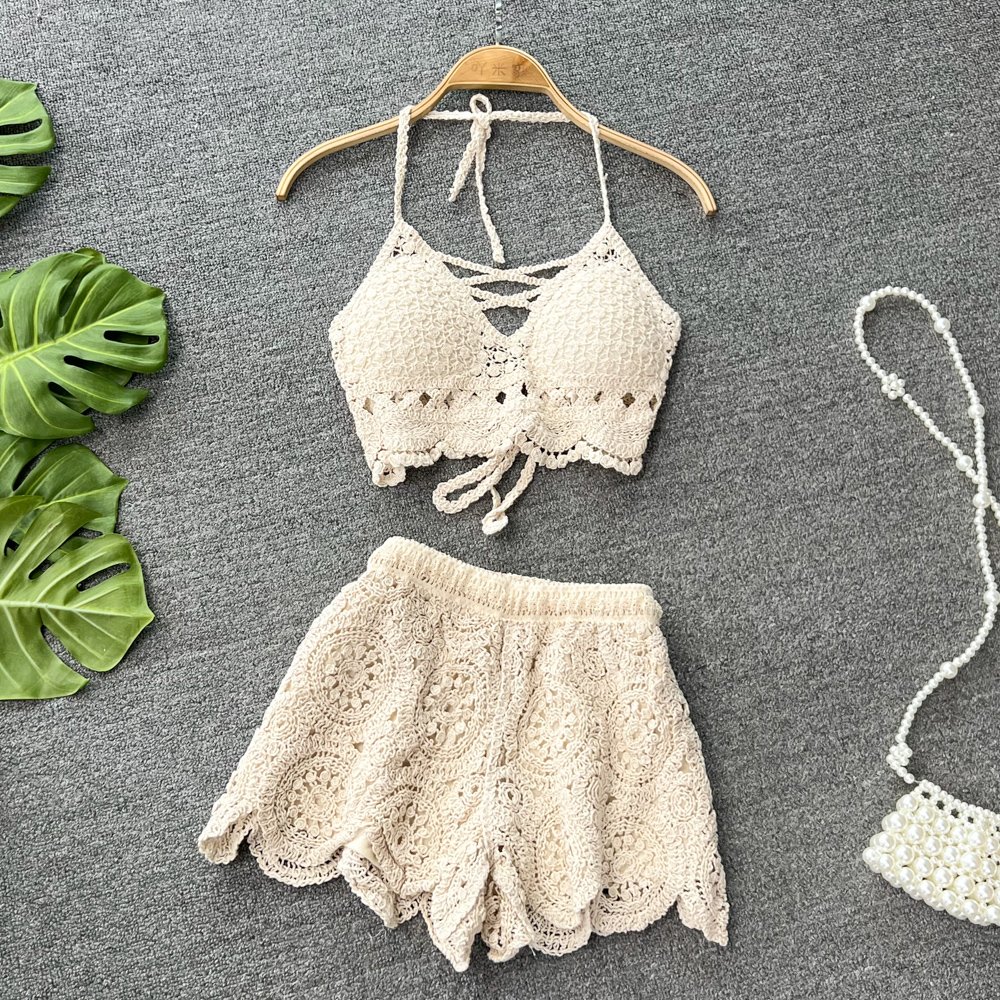 Boutique Wholesale 2024 Summer New Fashionable Sexy Hollow Knitted Tank Top High Waist Wide Leg Shorts Women's Set
