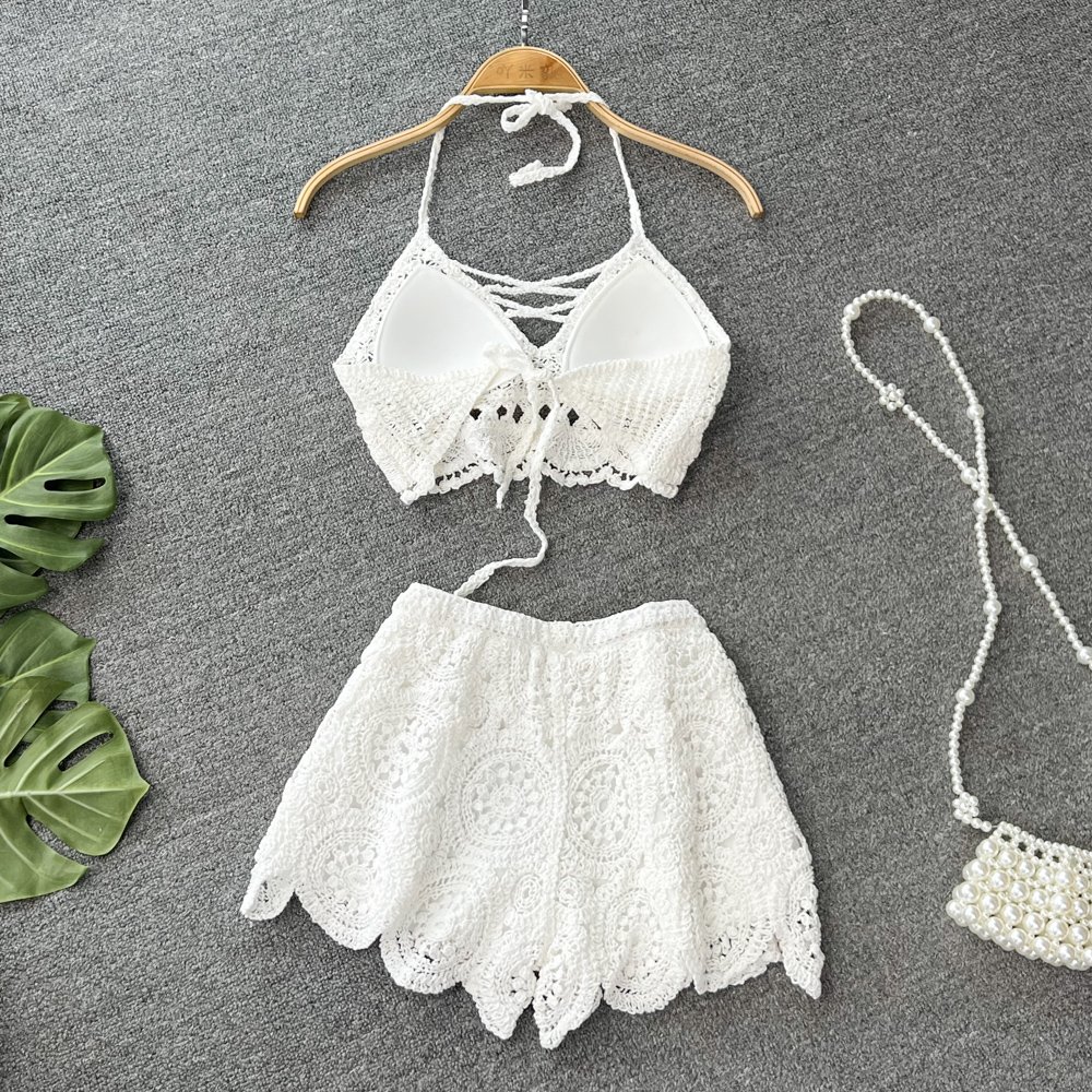 Boutique Wholesale 2024 Summer New Fashionable Sexy Hollow Knitted Tank Top High Waist Wide Leg Shorts Women's Set