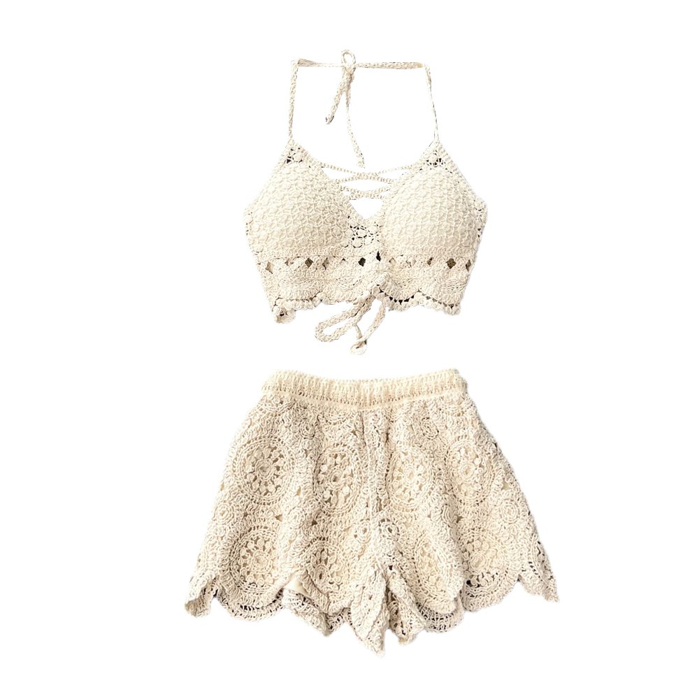 Boutique Wholesale 2024 Summer New Fashionable Sexy Hollow Knitted Tank Top High Waist Wide Leg Shorts Women's Set