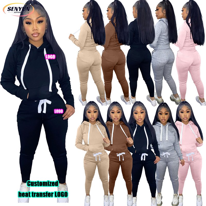 Factory Oem Jogger Blank Drawstring Hoodie Sublimation Custom Logo Fashion And Leisure Tracksuits Outfits 2 Piece Women'S Sets