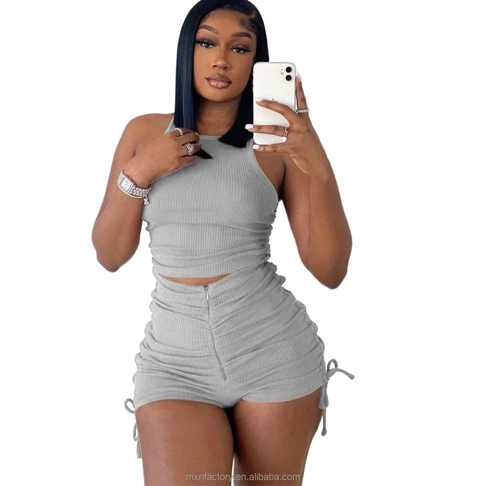 Breathable Spring summer Ladies Mini Dresses Custom Women set Clothes Dress vest shorts draw pleated casual two-piece set