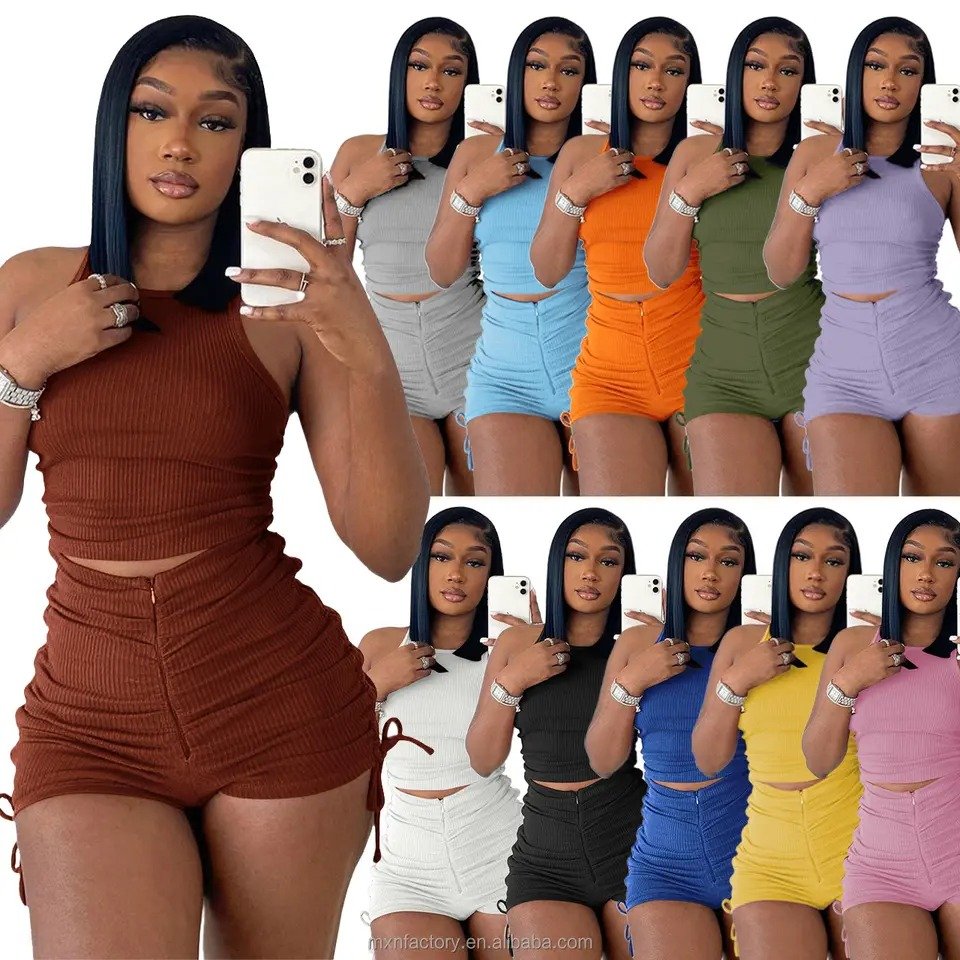 Breathable Spring summer Ladies Mini Dresses Custom Women set Clothes Dress vest shorts draw pleated casual two-piece set
