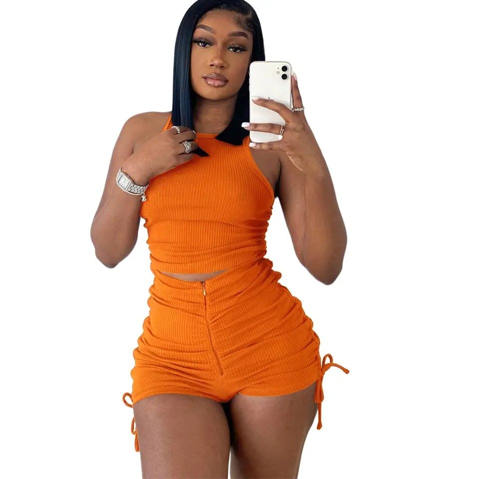 Breathable Spring summer Ladies Mini Dresses Custom Women set Clothes Dress vest shorts draw pleated casual two-piece set