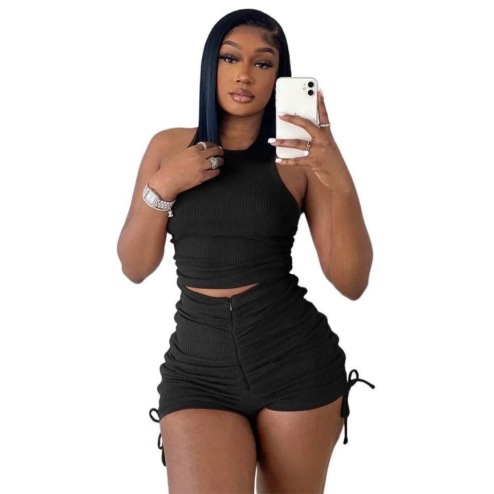 Breathable Spring summer Ladies Mini Dresses Custom Women set Clothes Dress vest shorts draw pleated casual two-piece set