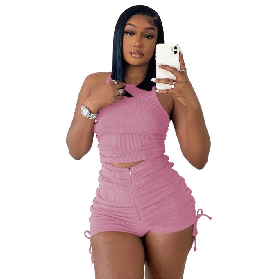 Breathable Spring summer Ladies Mini Dresses Custom Women set Clothes Dress vest shorts draw pleated casual two-piece set