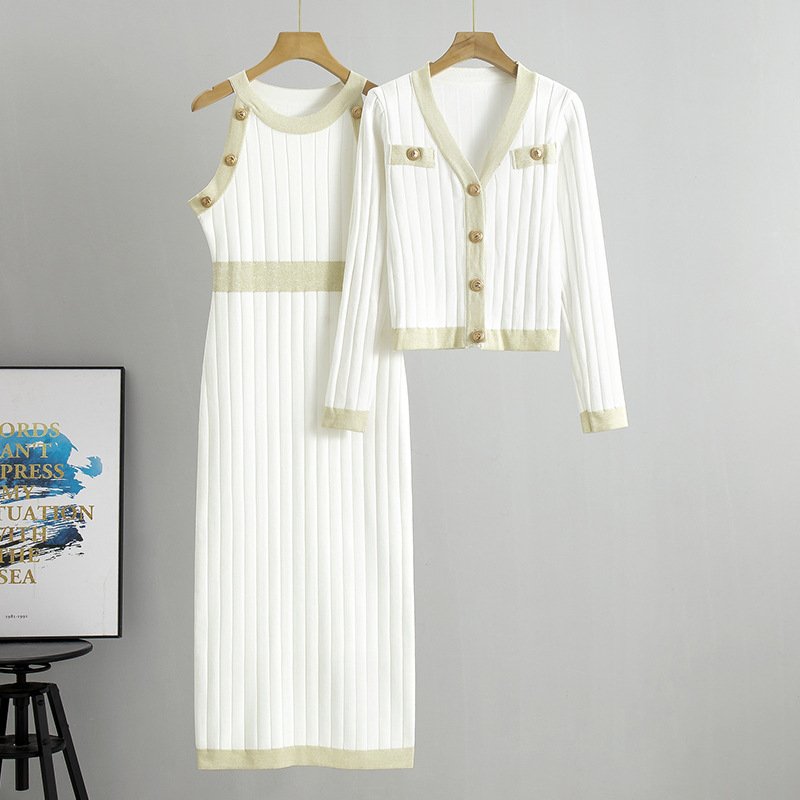 LE2611 Autumn/Winter Dress And Sweater Two-Piece V-Neck Jacket+ Knitted Vest Dress Office Lady Knitted Sets Women 2024 Wholesale