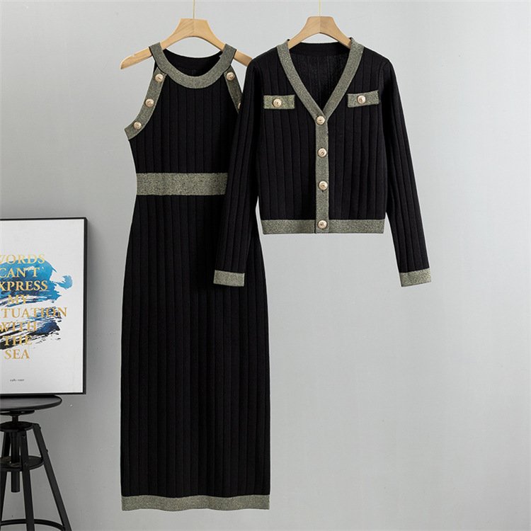 LE2611 Autumn/Winter Dress And Sweater Two-Piece V-Neck Jacket+ Knitted Vest Dress Office Lady Knitted Sets Women 2024 Wholesale