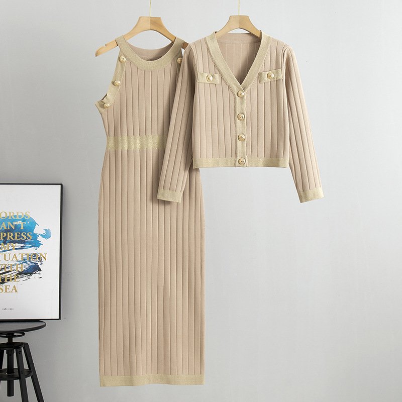 LE2611 Autumn/Winter Dress And Sweater Two-Piece V-Neck Jacket+ Knitted Vest Dress Office Lady Knitted Sets Women 2024 Wholesale