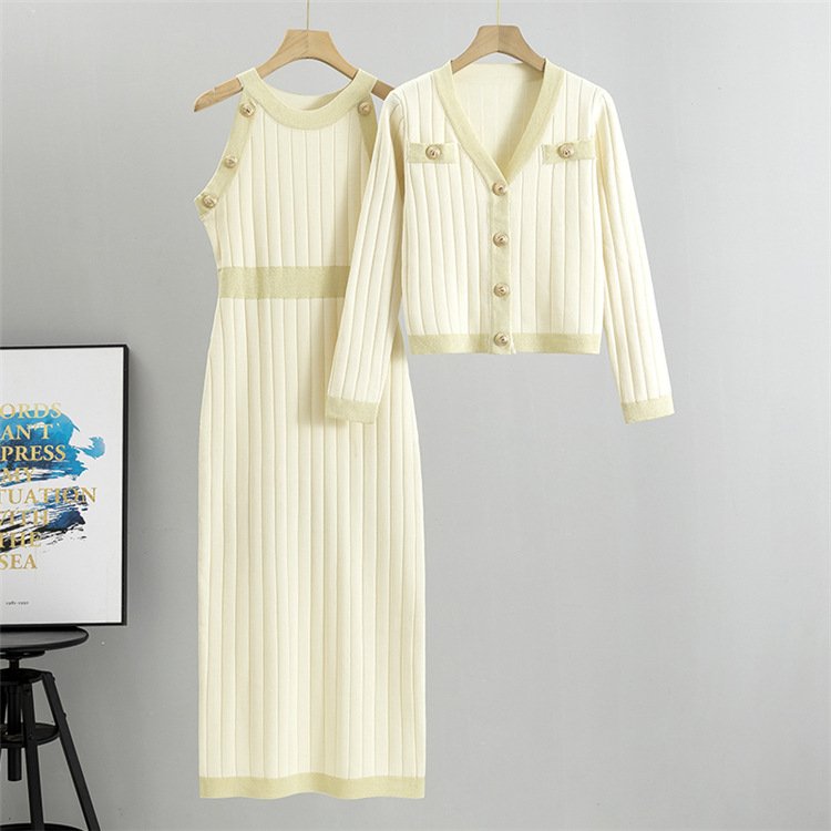 LE2611 Autumn/Winter Dress And Sweater Two-Piece V-Neck Jacket+ Knitted Vest Dress Office Lady Knitted Sets Women 2024 Wholesale