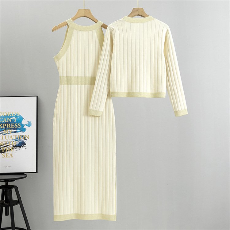 LE2611 Autumn/Winter Dress And Sweater Two-Piece V-Neck Jacket+ Knitted Vest Dress Office Lady Knitted Sets Women 2024 Wholesale