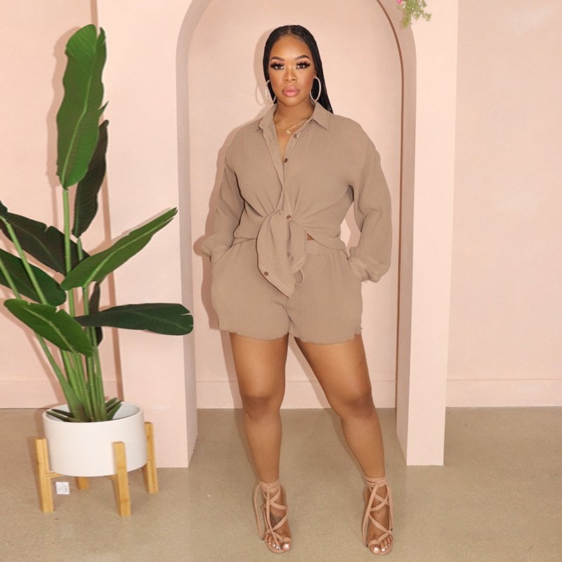 Best Selling Products Two Piece Set Women Clothing Solid Color Baggy Lapel Shirt and Wide-leg Shorts Loungewear Women Sets