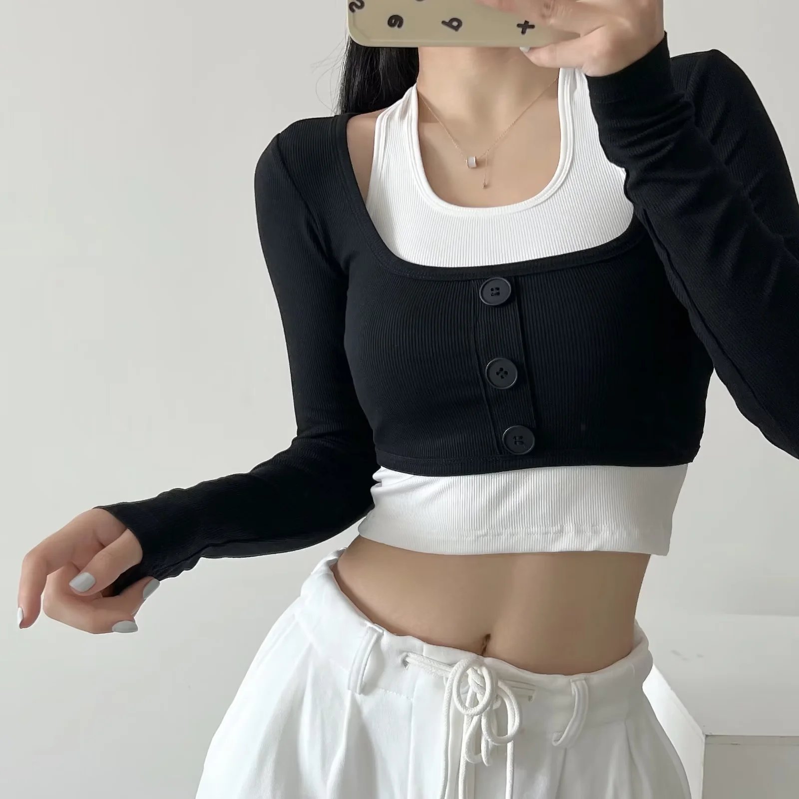 N6051-Y1211 Women'S Buttoned Two-Piece Tee Set With Square Neckline - Comfortable And Stylish